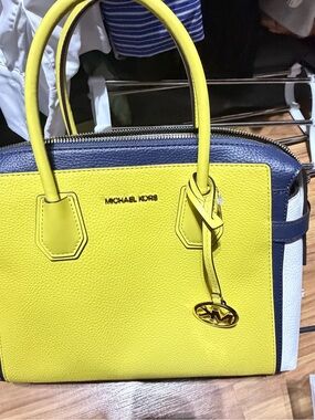 Michael Kors Yellow, Navy & White Leather Satchel with Gold Logo Charm